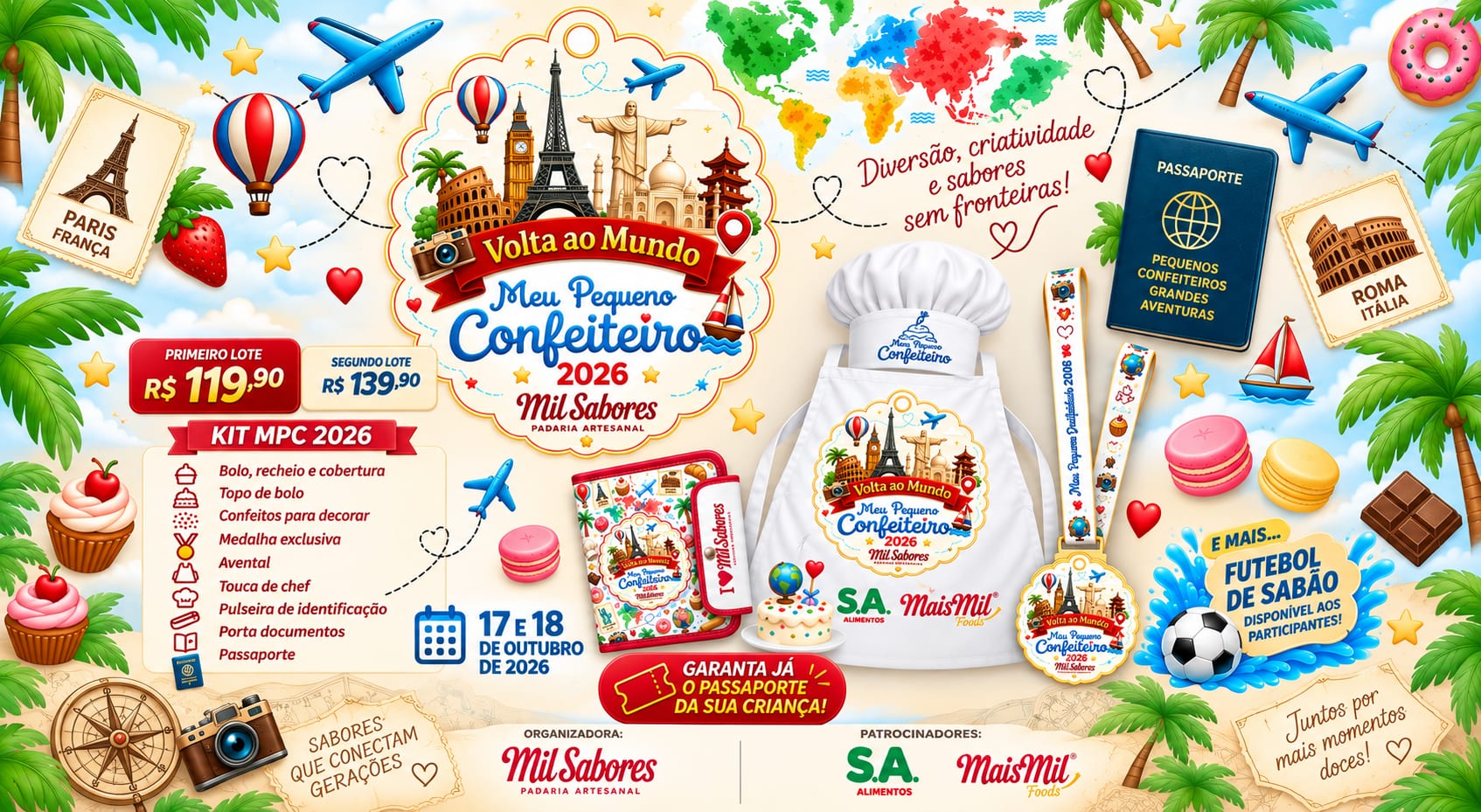 Cartaz do Meu Pequeno Confeiteiro 2026, edição Volta ao Mundo. Primeiro lote R$ 119,90, segundo lote R$ 139,90. Dias 17 e 18 de outubro. Kit com bolo, avental, touca, medalha e passaporte.
