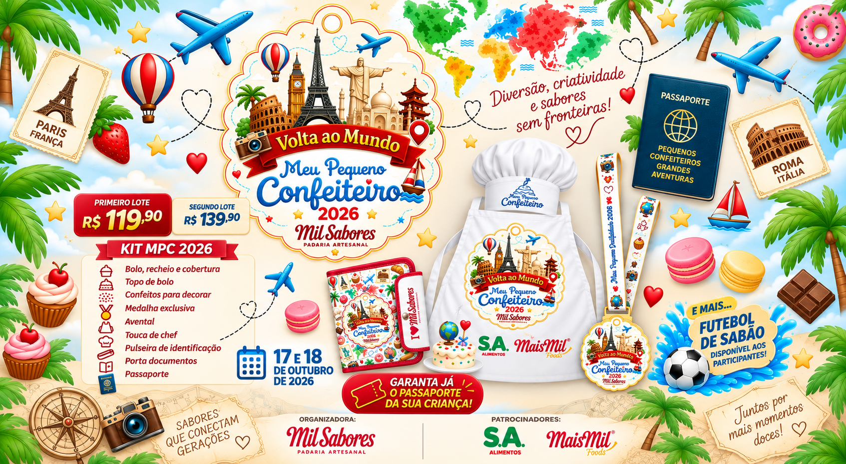 Cartaz do Meu Pequeno Confeiteiro 2026, edição Volta ao Mundo. Primeiro lote R$ 119,90, segundo lote R$ 139,90. Dias 17 e 18 de outubro. Kit com bolo, avental, touca, medalha e passaporte.